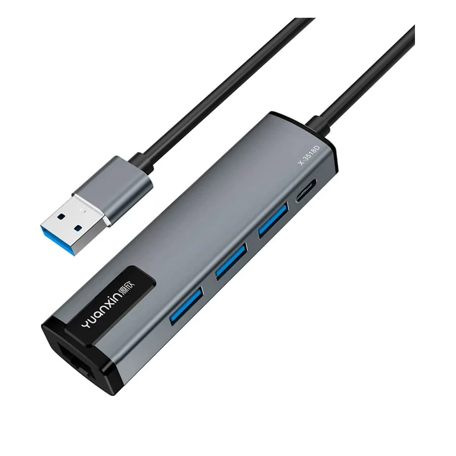 Yuanxin X-3518D USB to Tri USB, LAN & Type-C Female Converter Grey