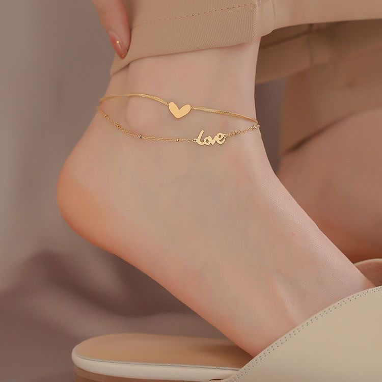 Double Layer Heart Anklet, 18K Gold Plated Titanium Steel
