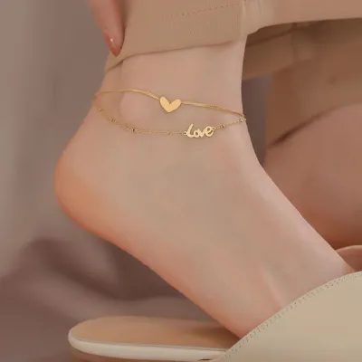 Double Layer Heart Anklet, 18K Gold Plated Titanium Steel