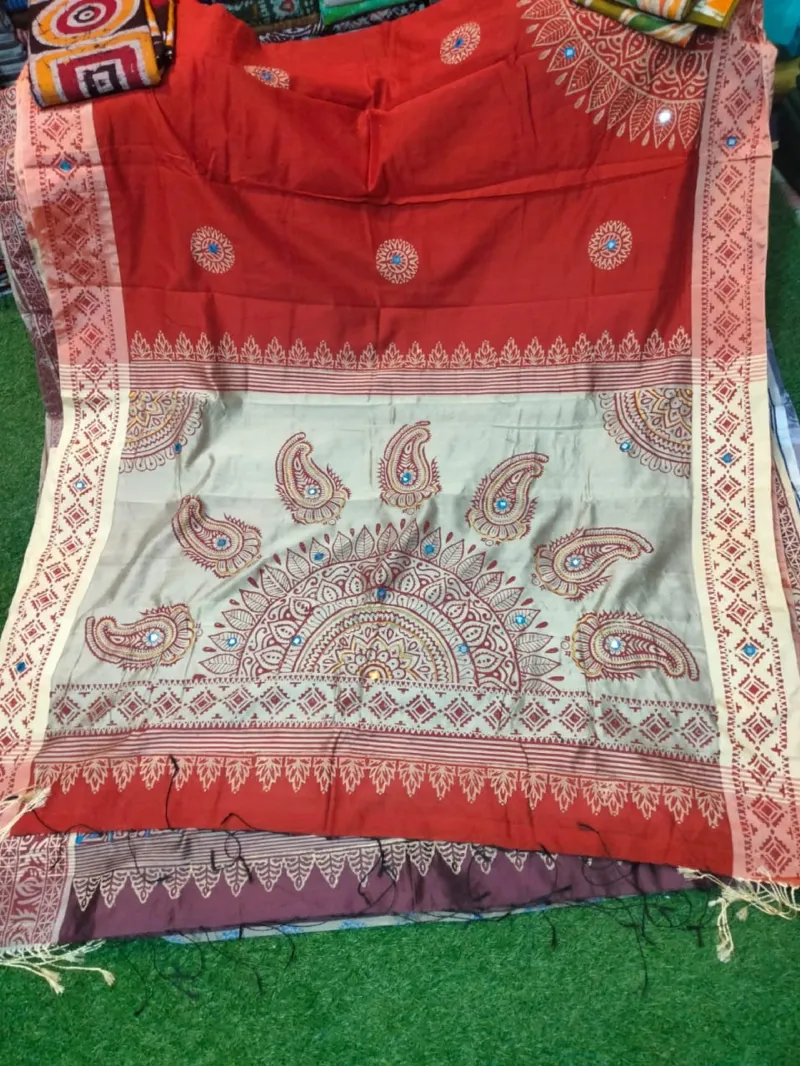 Embroidery Work Dhupian Silk Saree, Block Print, 6 Colour Choices