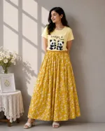 Women's Linen Skirt and DTF Print T-Shirt Set, 160 GSM Pure Cotton