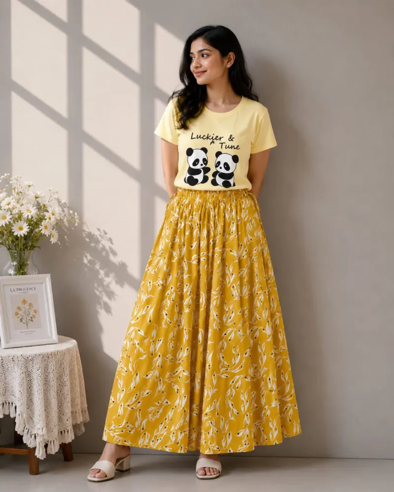 Women's Linen Skirt and DTF Print T-Shirt Set, 160 GSM Pure Cotton