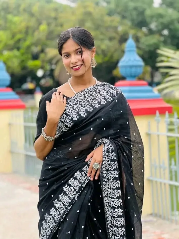 Half Silk Saree with Block and Screen Print, 4 Colour Choices