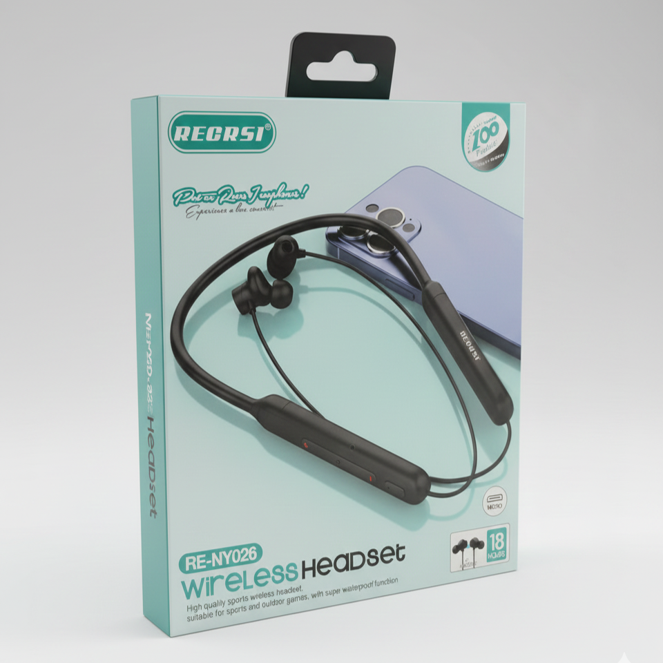 Recrsi RE-NY026 Wireless Bluetooth Neckband Headset | 18 Hours Playtime, Super Waterproof Sports Earphones with Mic, EQ & Magnetic Earbuds