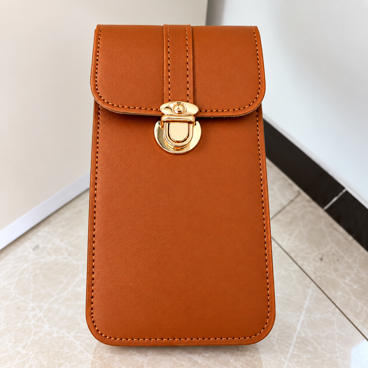 Women's PU Leather Phone Holder Crossbody Bag - Brown