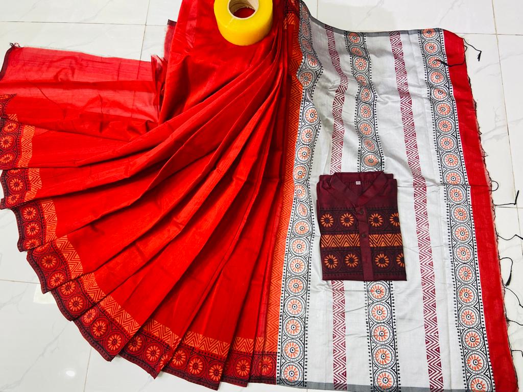 Dhupian Silk Block Print Saree and Panjabi Set for Couples