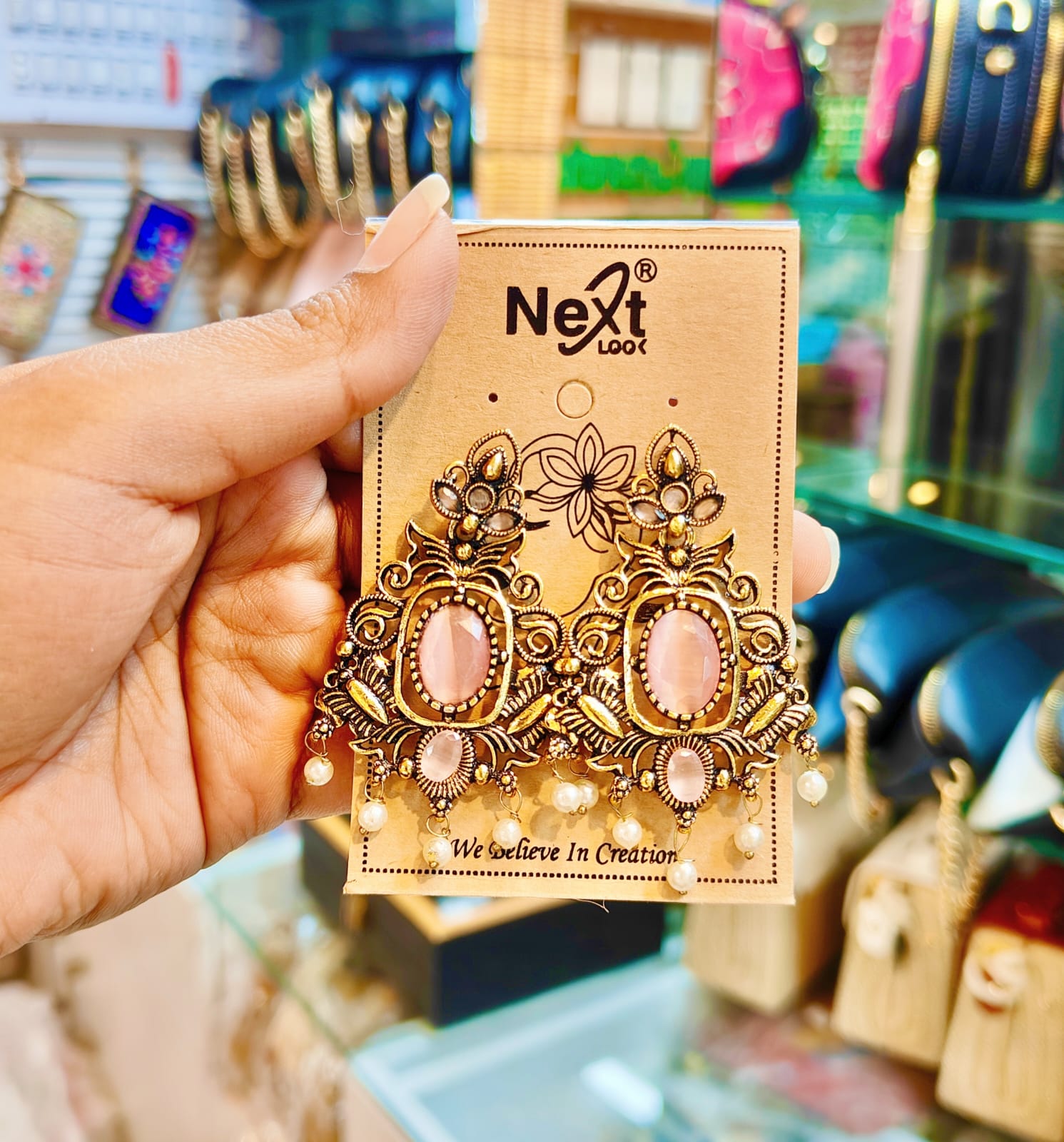 Antique Gold Soft Pink Stone & Pearl Drop Earrings