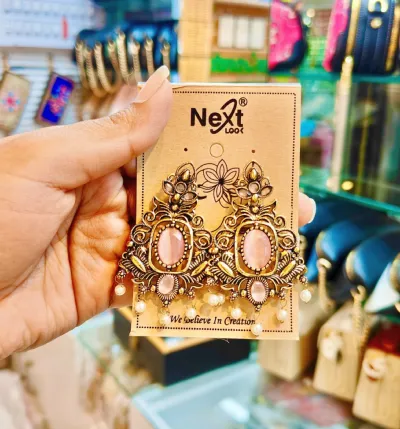 Antique Gold Soft Pink Stone & Pearl Drop Earrings
