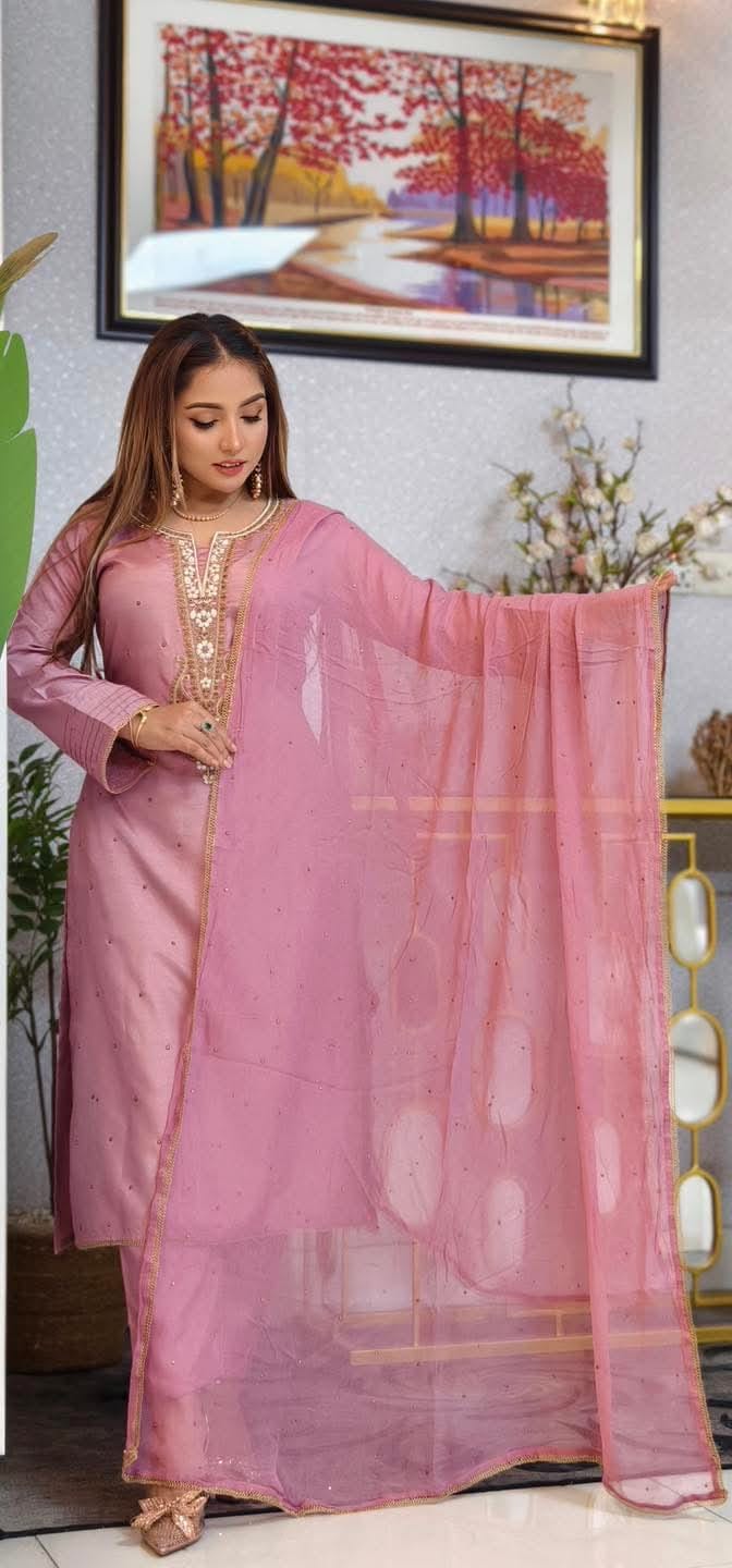 Topeto Silk Three Piece with Stone Work Embroidery, Sizes 42 and 44