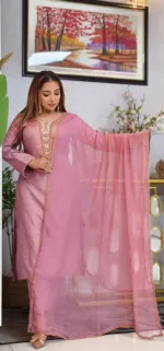 Embroidered Topeto Silk Three Piece, Lace Chiffon Orna, 6 Colours