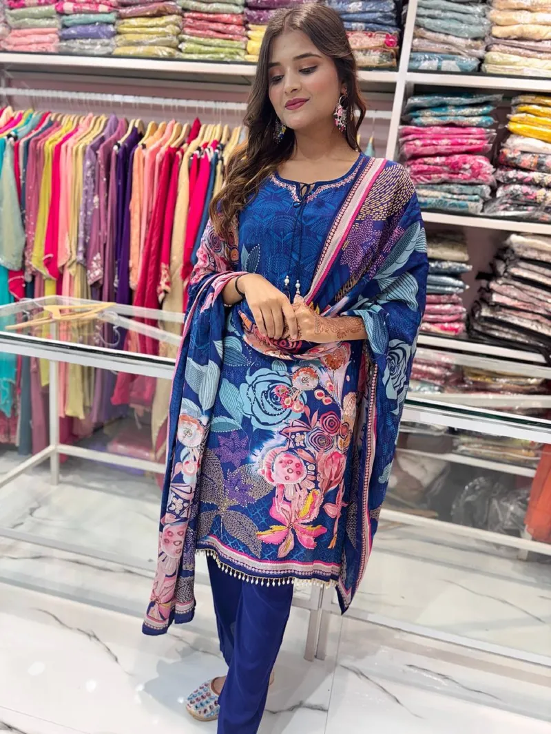 Digital Print Gown Three Piece with Karchupi and Georgette Orna