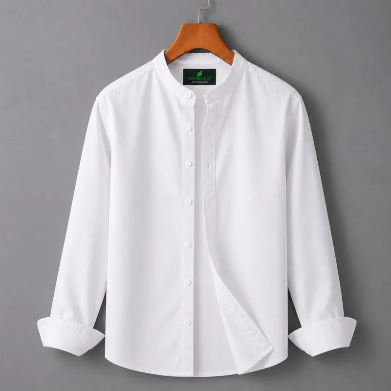 Men's Solid Oxford Long Sleeve Shirt with Band Collar
