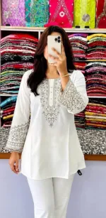 Women's Linen Short Kurti with Neck and Sleeve Embroidery