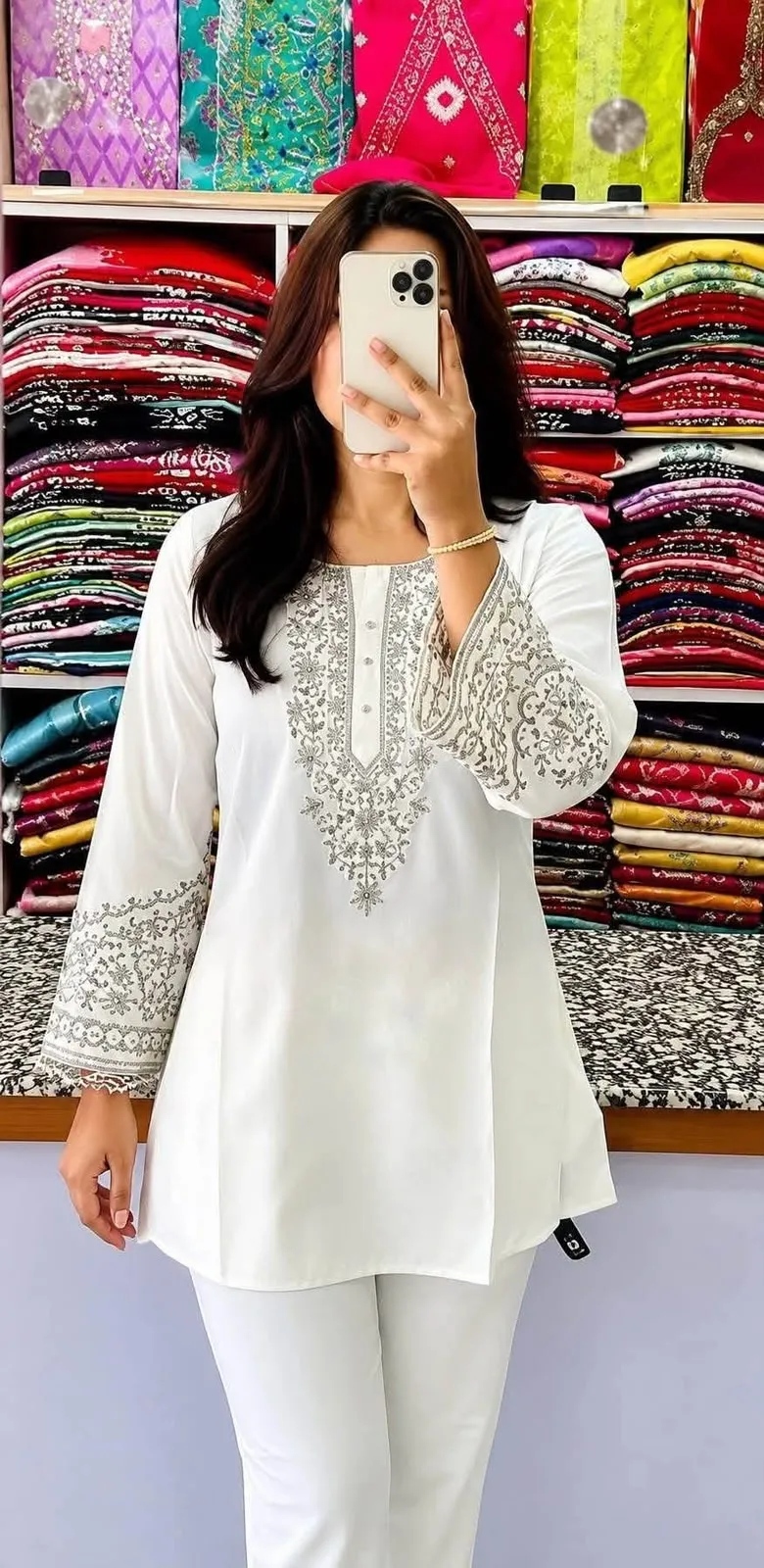 Women's Linen Short Kurti with Neck and Sleeve Embroidery