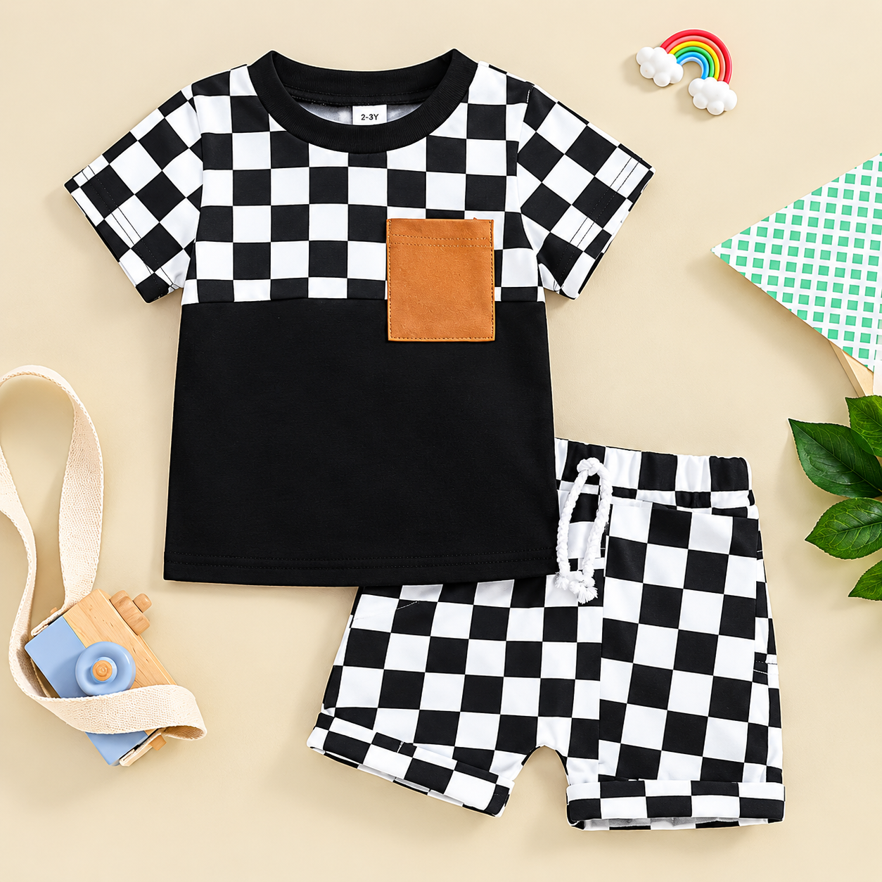 Boys' Summer Two-Piece Set: Classic Black and White Checkered Pattern with Brown Pocket (T-Shirt & Checkerboard Shorts Set)