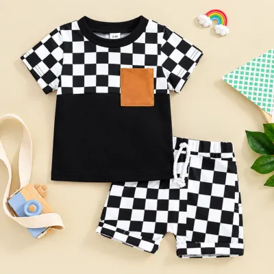 Boys' Summer Two-Piece Set – Black & White Checkered T-Shirt & Shorts