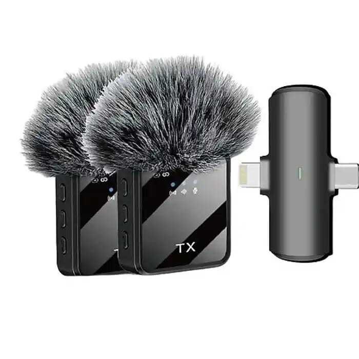 F15-2 Wireless Microphone 2 in 1 Type C + iPhone Noise Cancellation Lavalier Microphone, Professional Collar Microphone