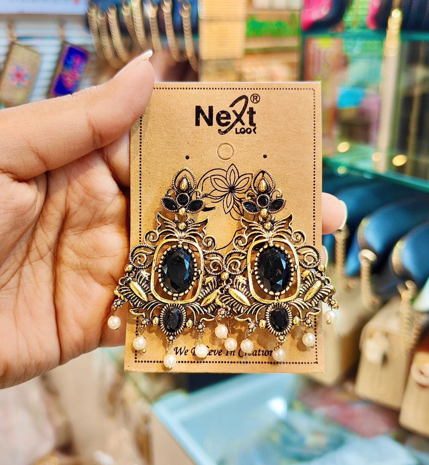 Antique Gold Black Stone & Pearl Drop Earrings