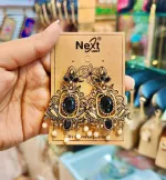 Antique Gold Black Stone & Pearl Drop Earrings