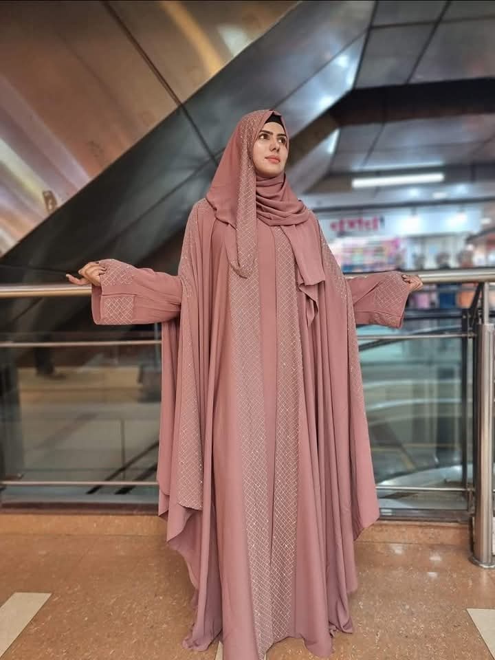 Women's Two-Part Cherry Abaya Set with Inner and Hijab, Size 54