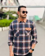 Men's Cotton Double Pocket Shacket Check Shirt, Full Sleeve