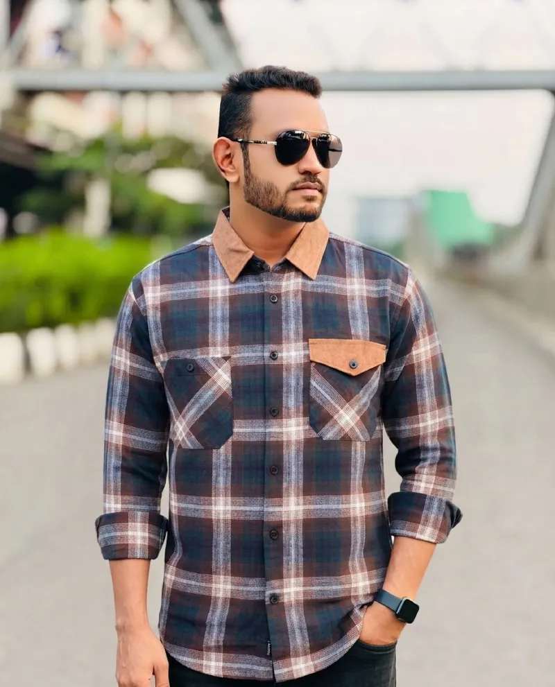 Men's Cotton Double Pocket Shacket Check Shirt, Full Sleeve