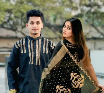 Couple Set, Semi Muslin Screen Print Saree and Block Print Panjabi