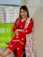 Women's Jhumka Embroidery AC Cotton Three Piece with Printed Orna