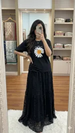 Pure Cotton T-Shirt and Georgette Skirt Set, 22 Inch Tee