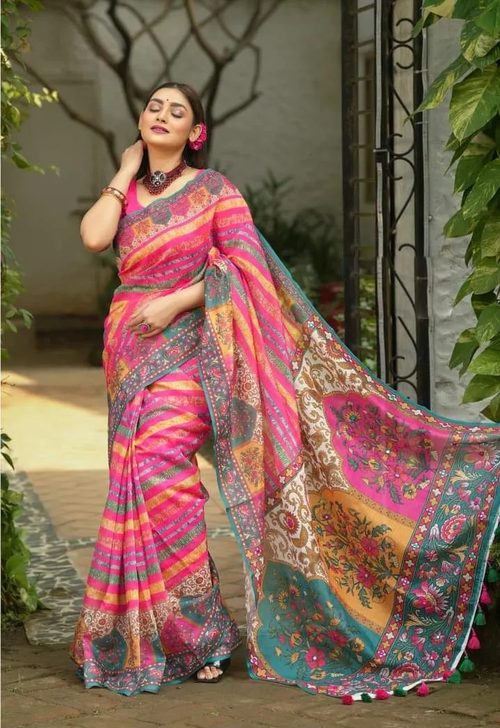 Smooth Chanduri Silk Saree in Bright Digital Print with Tassels