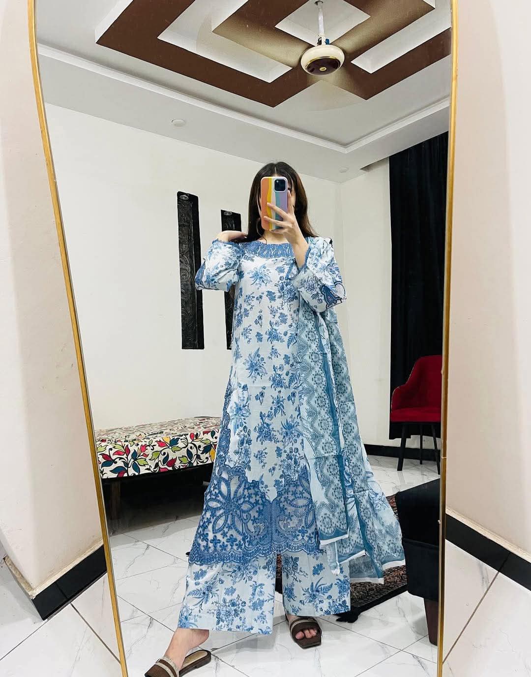 Women's Pure Cotton Embroidered Three Piece, 6 Colours