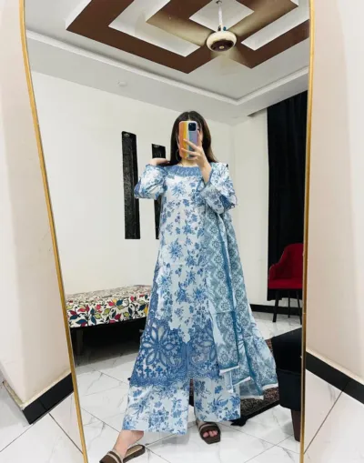 Women's Pure Cotton Embroidered Three Piece, 6 Colours