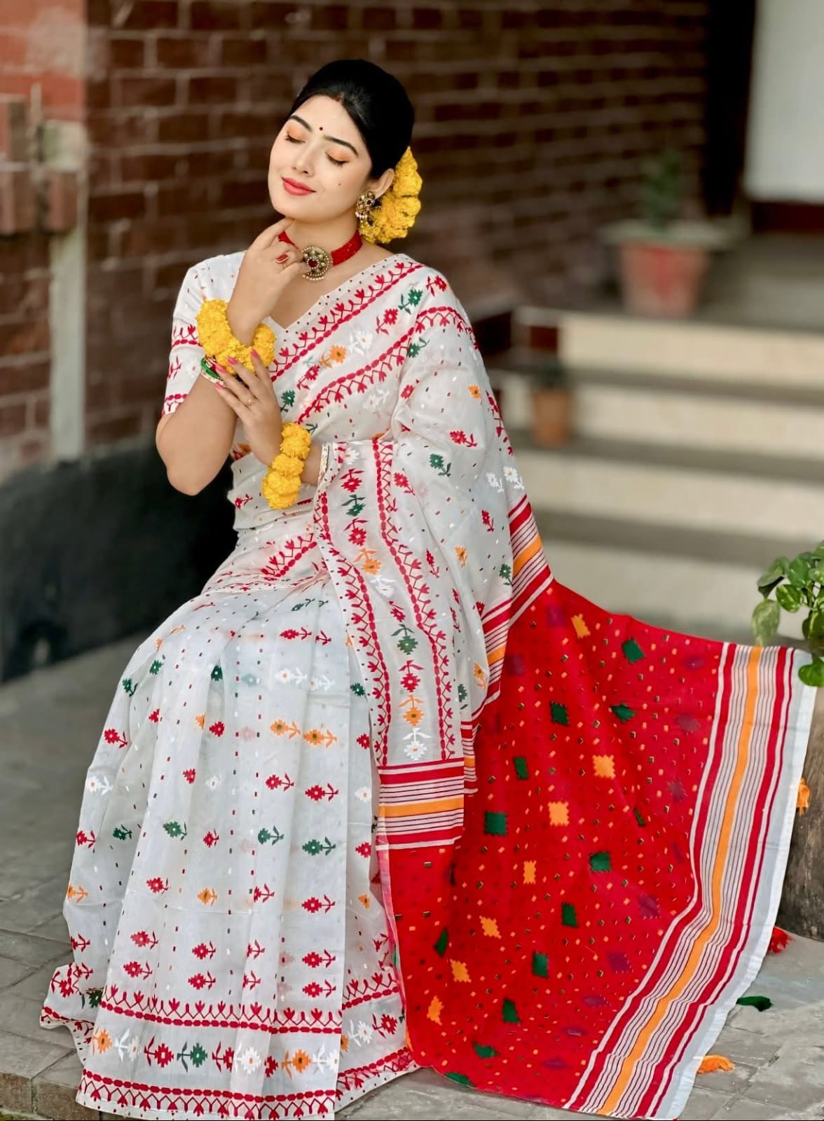 Half Silk Jamdani Block Print Puja Saree with Blouse Piece