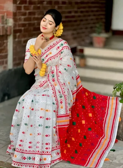 Half Silk Jamdani Block Print Puja Saree with Blouse Piece