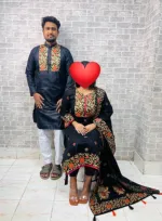 Two Piece and Dhupian Silk Panjabi Couple Set, Block Print