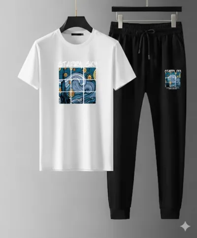 Men's Screen Print T-Shirt and Trouser Set in Mesh Jersey, 6 Colours