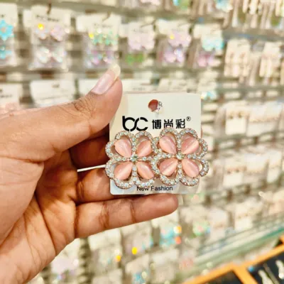 Soft Pink Floral Cat-Eye Stone Stud Earrings