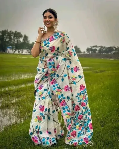 Women's Half Silk Screen Print Saree, 12 Haath