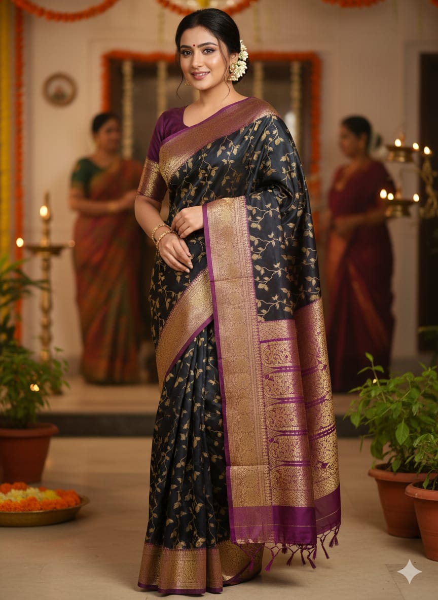 Kashmiri Work Katan Saree with Buti Design, Without Blouse Piece
