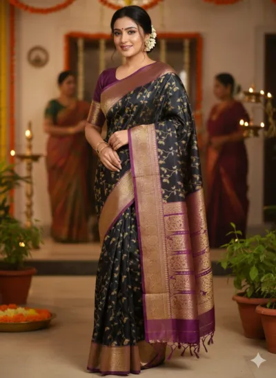 Kashmiri Work Katan Saree with Buti Design, Without Blouse Piece