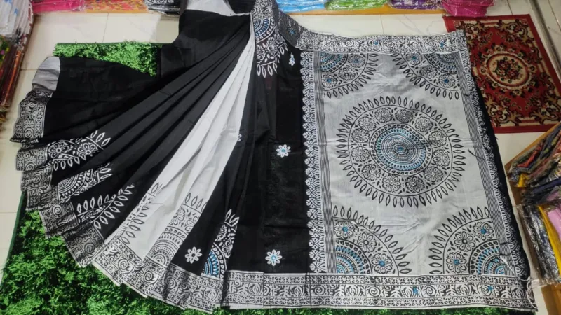 Block Print Dhupian Silk Saree with Embroidery, 13 Haath Long