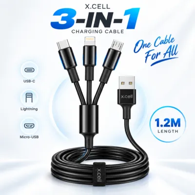 X.Cell 3-in-1 Multi Charging Cable – 1.2M USB-C, Lightning & Micro-USB
