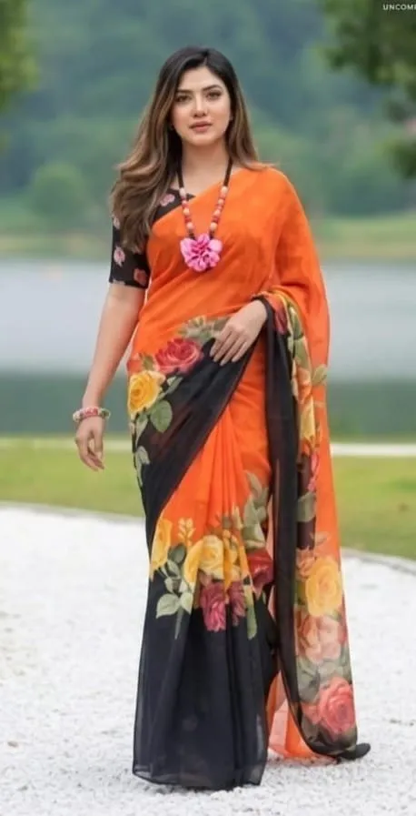 Lightweight Rongdhonu Georgette Saree with Blouse, 5 Colours