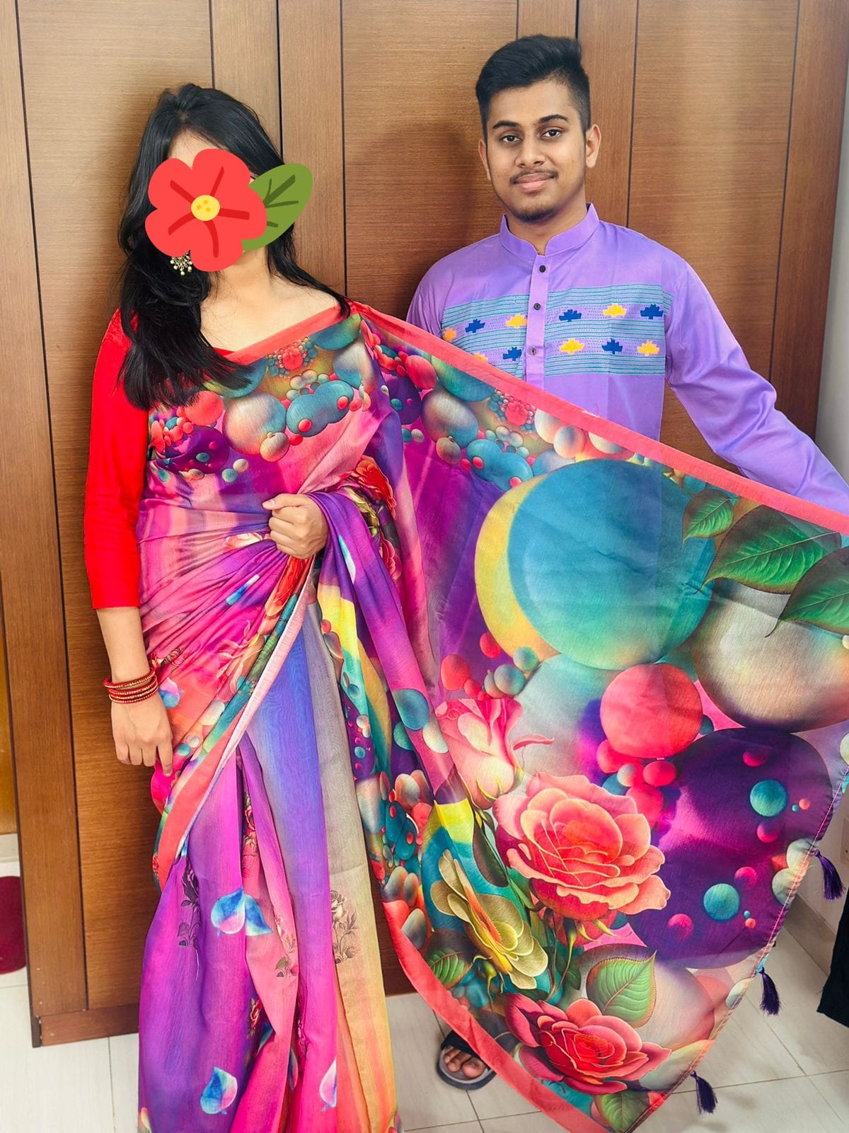 Hand Print Couple Dress, Chanderi Saree and Dhupian Panjabi