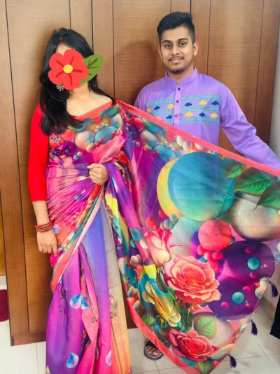 Hand Print Couple Dress, Chanderi Saree and Dhupian Panjabi