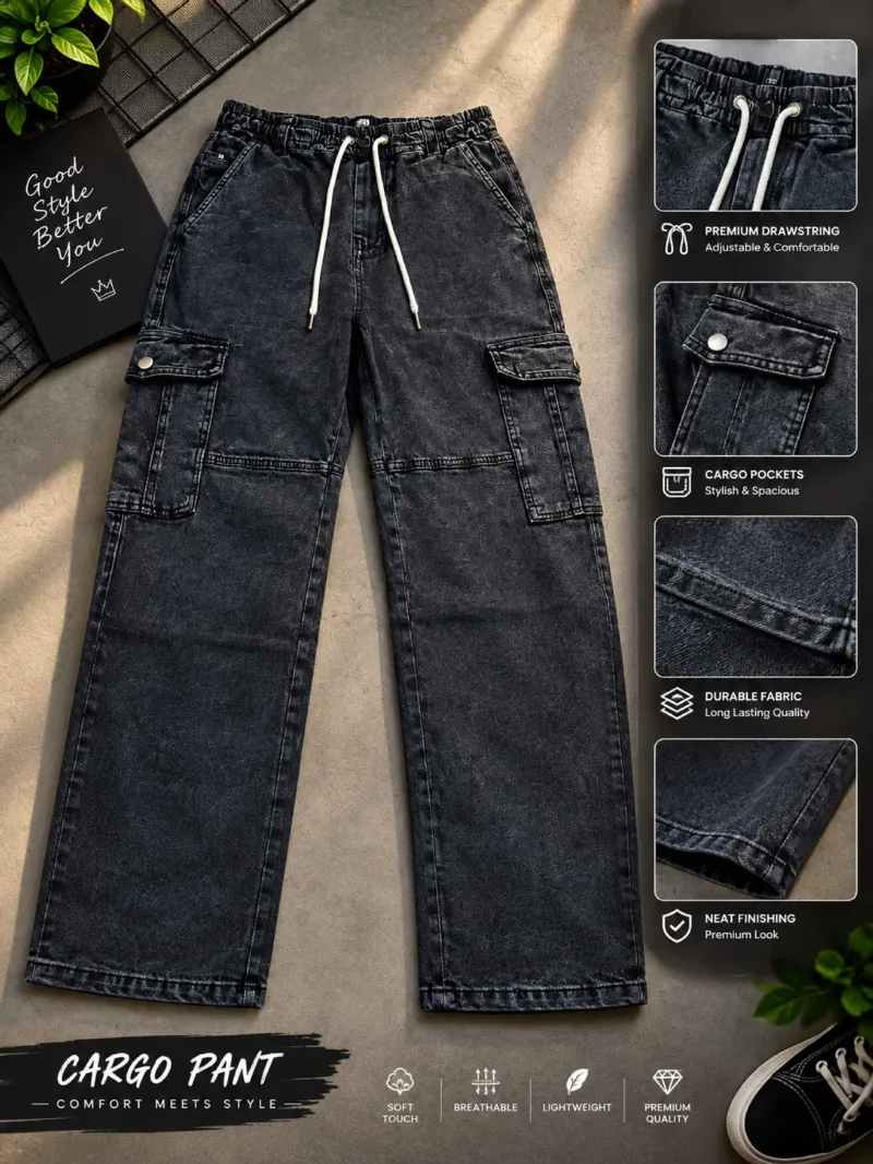 Men's 6 Pocket Baggy Cargo Denim Pant with Drawstring Waist