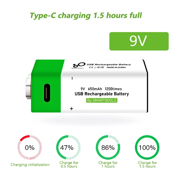 SmarToools 9V Type-C Lithium Rechargeable Battery