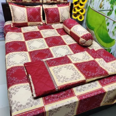 5 Piece AC Katha Set with King Size Bed Sheet, Pure Cotton Twill