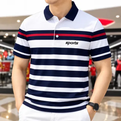 Premium Navy Blue & White Striped Sports Polo T-Shirt for Men