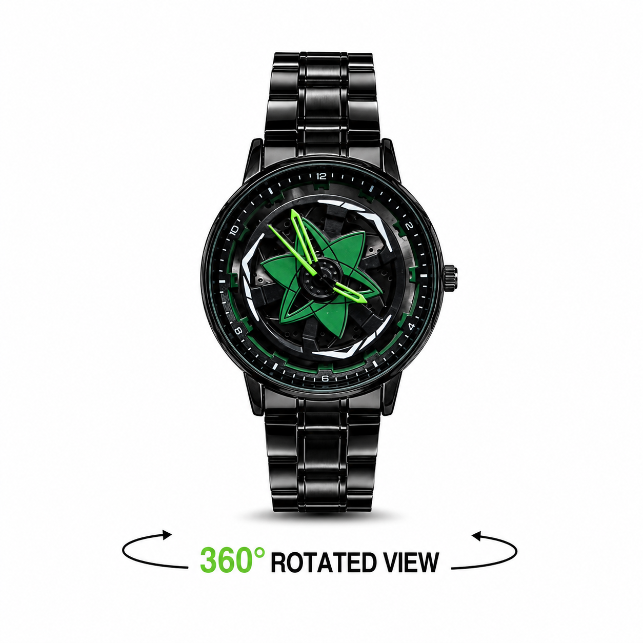 360° Rotating Car Wheel Rim Quartz Watch – Matte Black Metal Sports Wristwatch, 3D Alloy Rim & Brake Disc Dial, Stainless Steel Strap & Scratch-Resistant Glass for Men